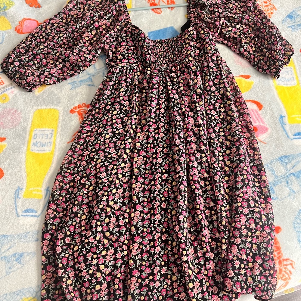 Wayf Black Floral Dress with Pink and White Accents